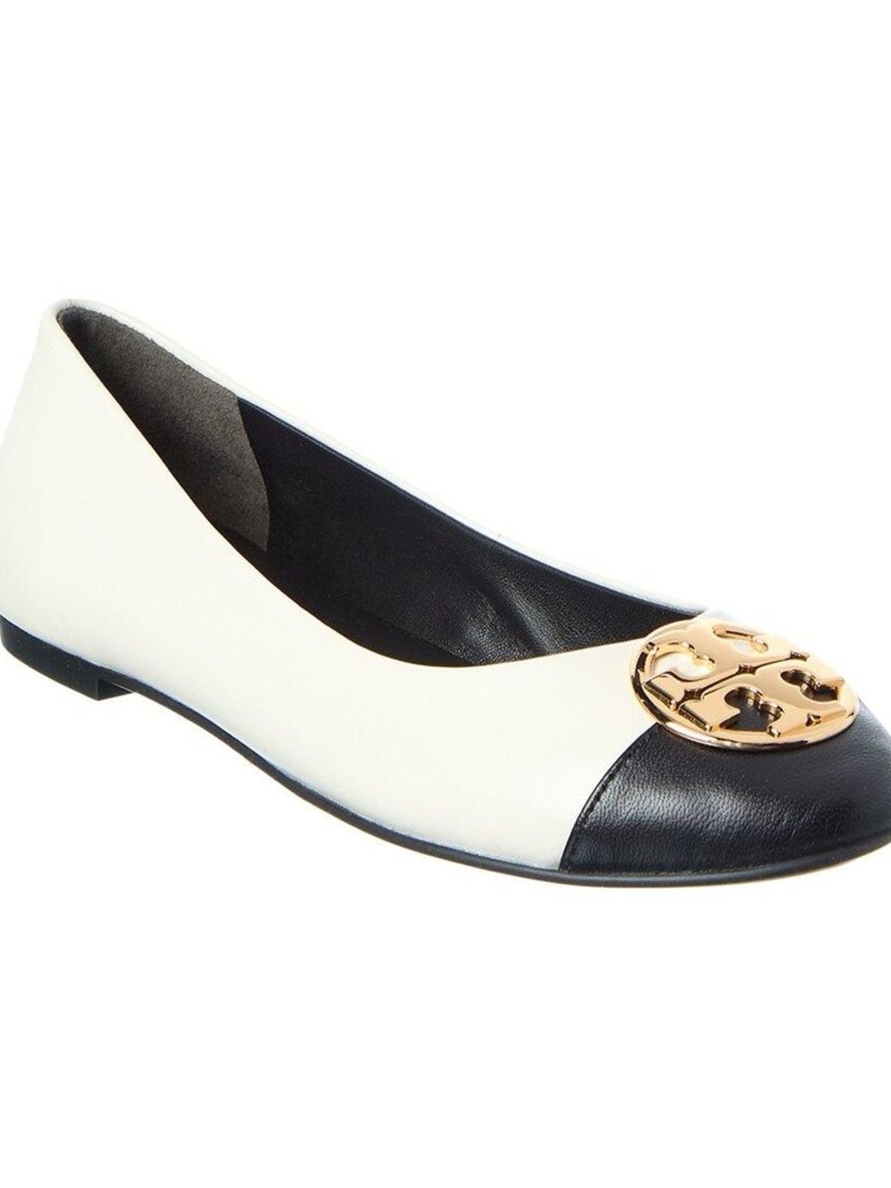 Tory Burch Two-Tone White and Black Leather Ballet Flat with Gold Logo